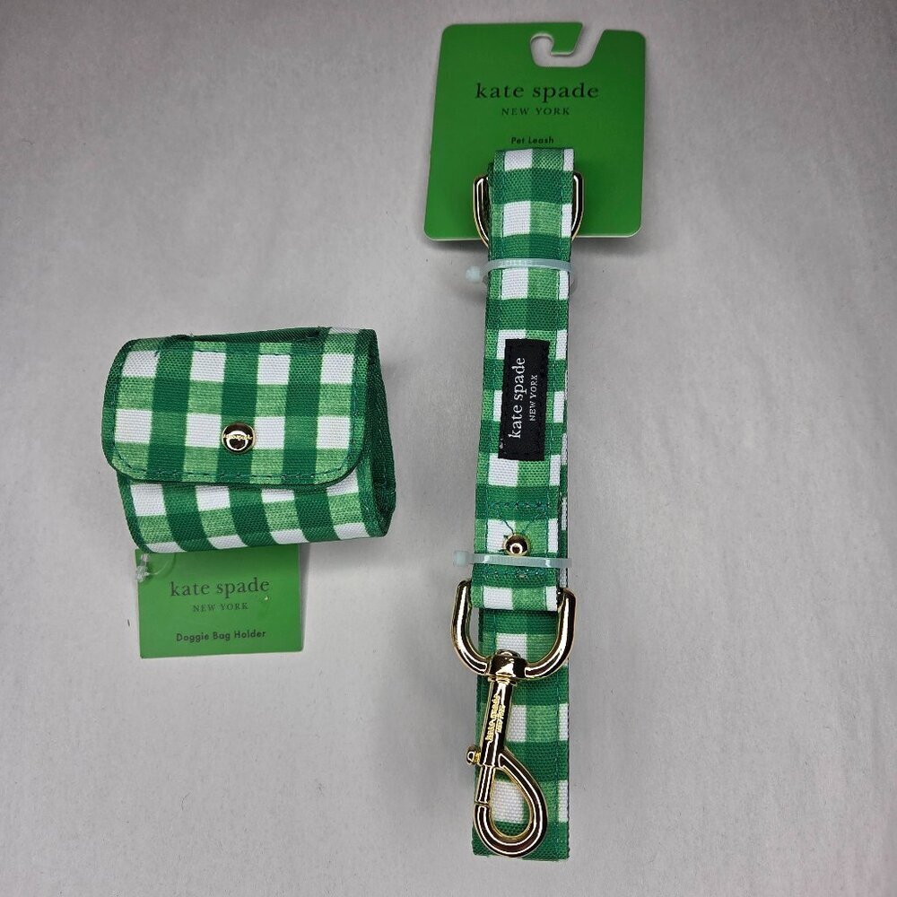 NWT Kate Spade Green Gingham Dog Leash & Doggie Bag Holder